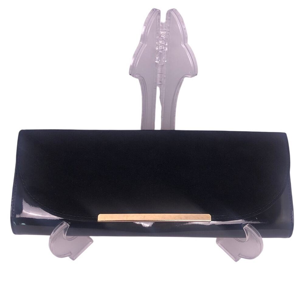 Aldo Patent Leather Gold Tone Chain Link Retro Crossbody Clutch Black Handbag